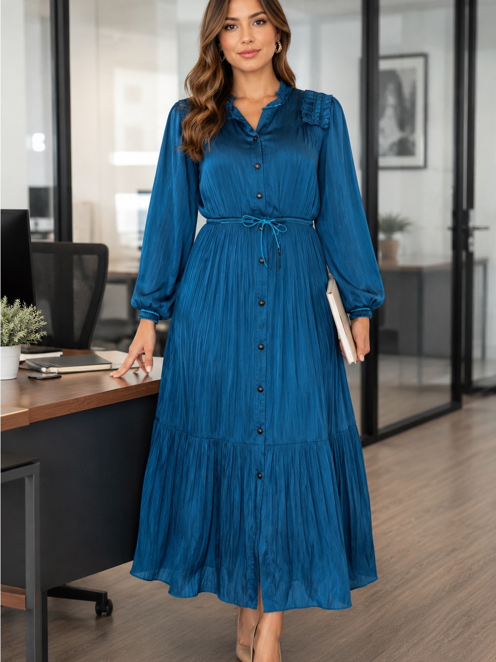 NWT Chico’s Crinkle Satin Midi Dress Teal Blue Ruffle Trim Drawstring Size 2.5